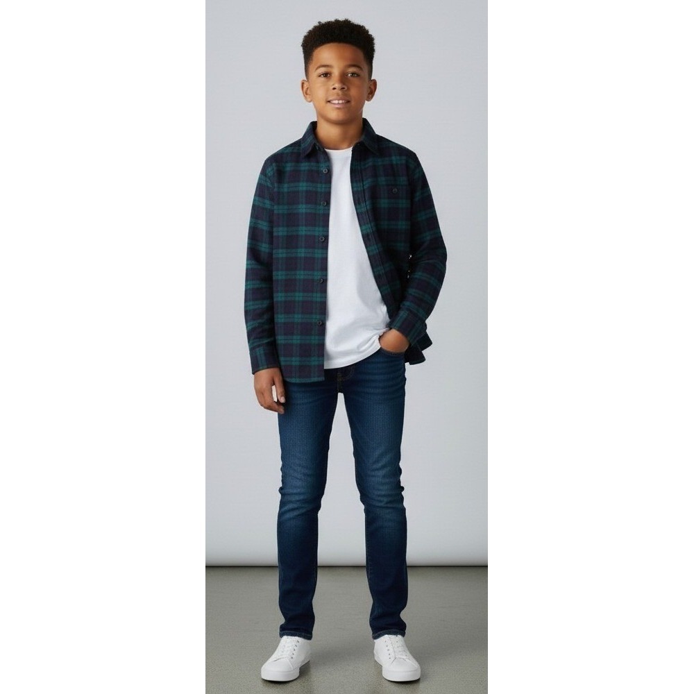Brooks Brothers 346 Kids Flannel Shirt 14 Navy Green Watch Plaid 100% CTN preppy